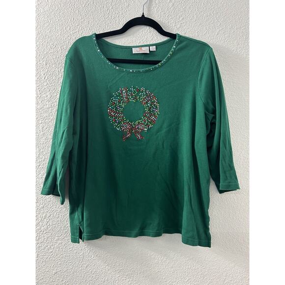Quacker Factory Blouse Women Size XL Green‎ Christmas Wreath Holiday 3/4 Sleeve - Picture 1 of 11